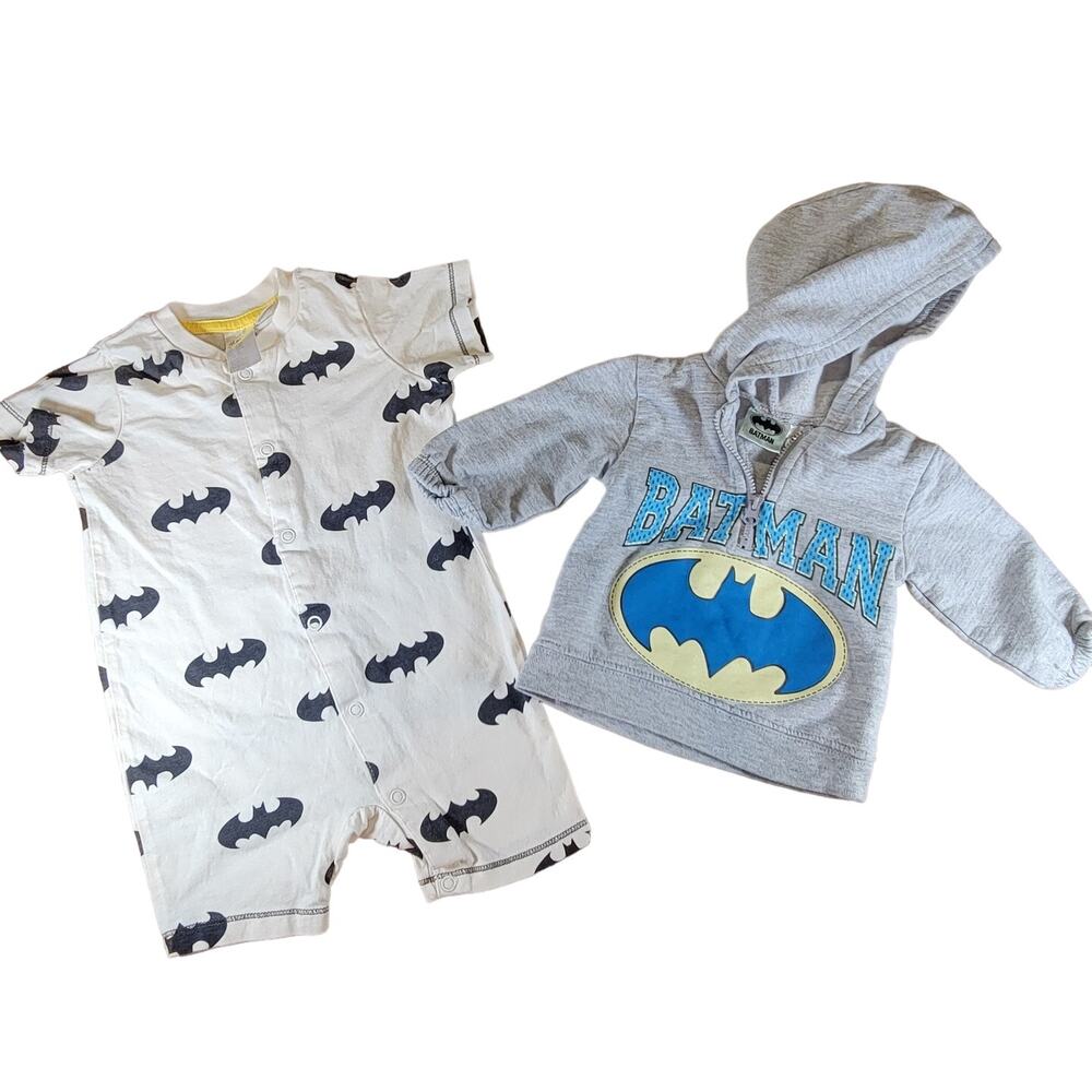 Batman Baby Unisex Gray Hoodie 0-3M & White Sleeper 4-6M Set with Logo Prints